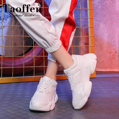 Taoffen Women'S Flats Sneakers Fashion White Vulcanized Shoes Women Lace Up Round Toe Breath Air Mesh Running Shoes Size 35-39