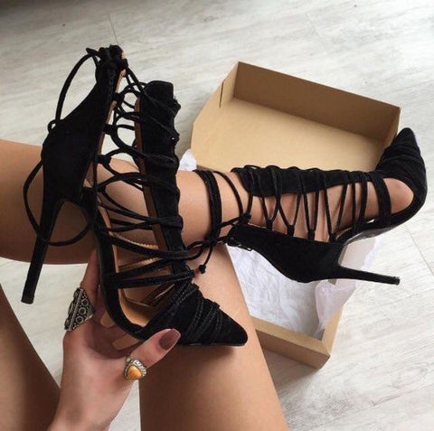 Fashion black suede leather pointed toe cross tied lace up thin high heel ankle boots women cut-out braided shoes stiletto heels