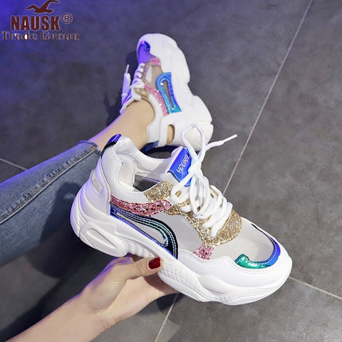 NAUSK 2019 New Women Shoes Spring Sneakers Women Fashion Bling Platform Shoes Ladies Footwear Breathable Mesh Sneakers