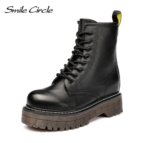 Smile Circle Size36-41 Chunky Motorcycle Boots For Women Autumn 2018 Fashion Round Toe Lace-up Combat Boots Ladies Shoes