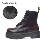 Smile Circle Size 35-42 Flat Platform Boots Women Shoes Autumn Winter Fur Fashion Round Toe Lace-up Leather Boots Ladies Shoes