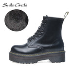 Smile Circle Size 35-42 Flat Platform Boots Women Shoes Autumn Winter Fur Fashion Round Toe Lace-up Leather Boots Ladies Shoes