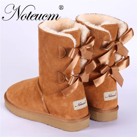 Genuine Leather Female Winter Girl Furry Australia Shoe Ladies Ankle Boot bow back With Lined Faux Fur Plush Snow Boot for Women