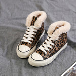 2019 Women Winter Canvas Shoes Fur Lined Leopard Print Girls Casual Sneakers for Winter Warm Plush Inside High Top Sneakers