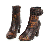 Haoshen&Girl Women Shoes 2019 winter new Snake Print Ankle Boots For Women Western Boots Block high Heel Shoes brown ladies boot