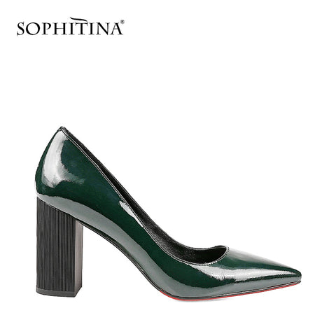 SOPHITINA Autumn Square Heels Pumps Dark Green Patent Leather Elegant Office Lady Pumps Sexy Pointed Toe Party Shoes Women W03