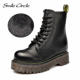 Smile Circle Size36-41 Chunky Motorcycle Boots For Women Autumn 2018 Fashion Round Toe Lace-up Combat Boots Ladies Shoes