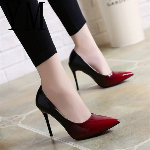 2018 Shadow Women Shoes Pointed Toe Pumps Patent Leather Dress Wine Red 10CM High Heels Boat Shoes Wedding Shoes Zapatos Mujer