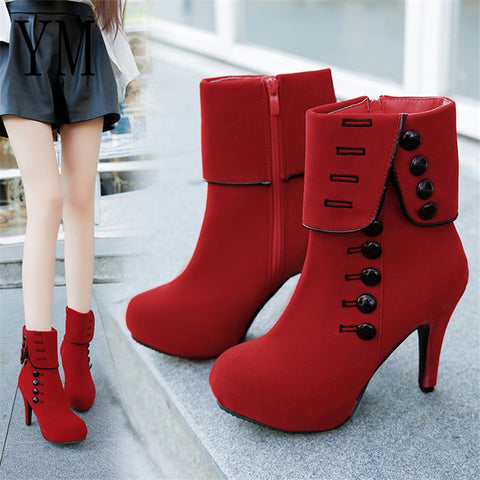 2018 Fashion Women Ankle Boots High Heels Fashion Red Shoes Woman Platform Flock Buckle Boots Ladies Shoes Female PLUE 42