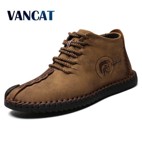 Vancat Fashion Men Boots High Quality Split Leather Ankle Snow Boots Shoes Warm Fur Plush Lace-Up Winter Shoes Plus size 38~48