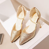 Sexy Pointed toe Pearl High heels shoes Female Fashion hollow with Sandals Paillette of the Thin Breathable shoes Women Pumps