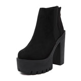 Gdgydh Fashion Black Ankle Boots For Women Thick Heels Spring Autumn Flock Platform Shoes High Heels Black Zipper Ladies Boots