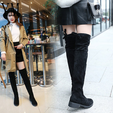 Fashion 2018 New Hot Women Boots Autumn Winter Ladies Flat Bottom Boots Shoes Over The Knee Thigh High Black Suede Long Boots 40