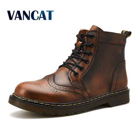 Vancat  High Quality Genuine Leather Men Boots Winter Waterproof Ankle Boots Riding Boots Outdoor Working Snow Boots Men Shoes