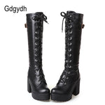 Gdgydh Hot Sale Spring Autumn Lacing Knee High Boots Women Fashion White Square Heel Woman Leather Shoes Winter Large Size 34-43