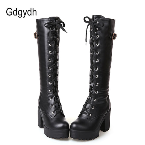 Gdgydh Hot Sale Spring Autumn Lacing Knee High Boots Women Fashion White Square Heel Woman Leather Shoes Winter Large Size 34-43