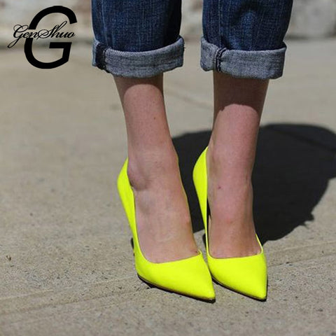 GENSHUO Brand Shoes 10 12CM Heels Women Shoes Pumps Stiletto Neon Yellow Sexy Party High Heels Shoes Big Size 10 11 12