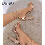 Big size 34-43 Women Heeled Sandals Bandage Rhinestone Ankle Strap Pumps Super High Heels 11 CM Square Heels Lady Shoes new #265