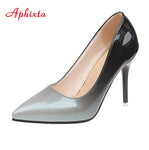 Aphixta Pointed Toe Women Thin Heel Shoes 10cm Heels Pointed Toe Patent Leather Wedding Party Shoes Woman Big Size 48