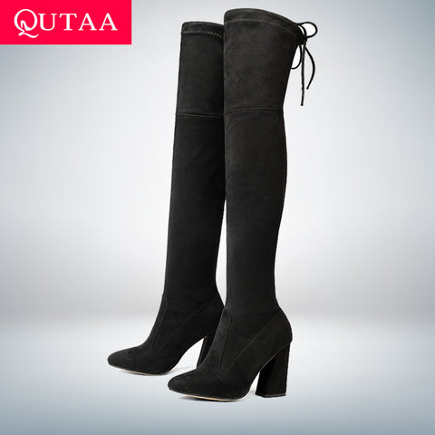 QUTAA 2020 New Flock Leather Women Over The Knee Boots Lace Up Sexy High Heels Autumn Woman Shoes Winter Women Boots Size 34-43