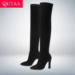 QUTAA 2020 Women Over The Knee High Boots Slip on Winter Shoes Thin High Heel Pointed Toe All Match Women Boots Size 34-43