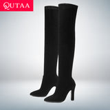 QUTAA 2020 Women Over The Knee High Boots Slip on Winter Shoes Thin High Heel Pointed Toe All Match Women Boots Size 34-43