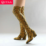 QUTAA 2020 Fashion Serpentine PU Leather Slip On Long Boots Square Heel Comfort Winter Women Over The Knee Boots Size 34-43