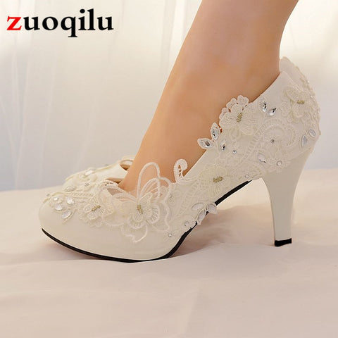 2019 high heels wedding shoes bride rhinestone lace Bow white ladies shoes woman platform high heels women shoes big size