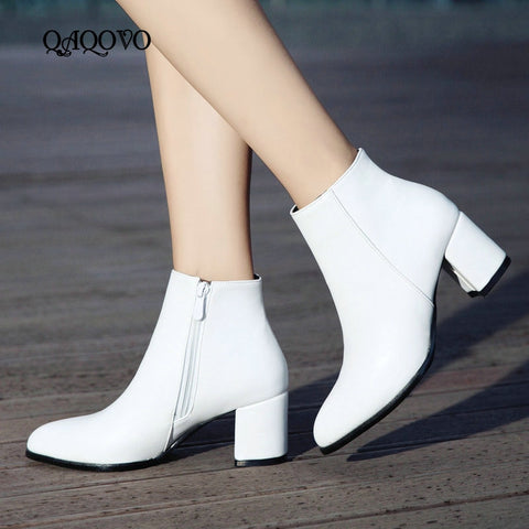 White Black Women Boots Comfy Square High Heel Ankle Boots Fashion Pointed Toe Zipper Boots Autumn Winter Ladies Shoes 2019