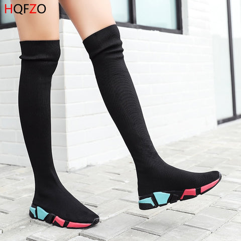 HQFZO Elastic Over The Knee Boots Women Socks Black Boots Long Thigh High Slim Knitting Boots Sneakers Platform Designer Shoes